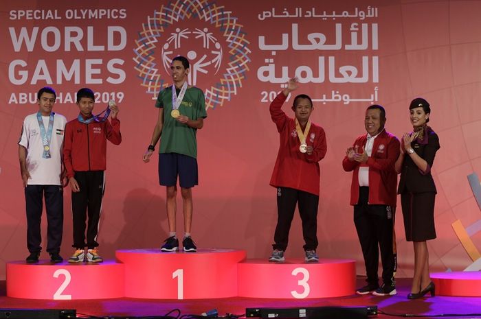 Muhammad Febredy Andrieyanto menyumbang medali perunggu di cabang bocce Special Olympics World Games 2019, di Abu Dhabi, Minggu (17/3/2019)