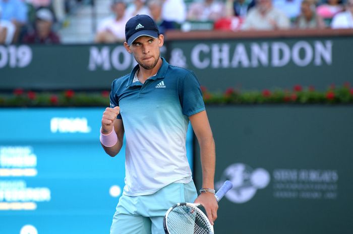 Petenis putra Austria, Dominic Thiem, bereaksi pada final BNP Paribas Open di Indian Wells, California, Amerika Serikat, Minggu (17/3/2019).