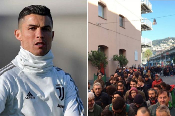 Fans (gambar kanan) marah dan protes keras Cristiano Ronaldo tak main dalam duel Liga Italia, Genoa versus Juventus, Minggu (17/3/2019) WIB, di Stadion Luigi Ferraris, Genoa. 