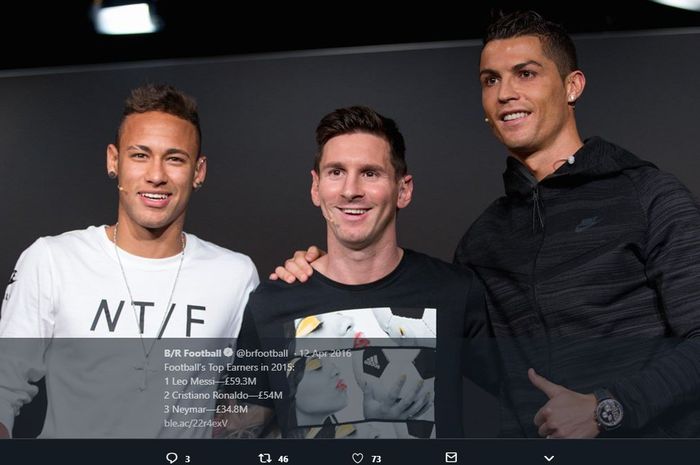 Kiri ke kanan: Neymar, Lionel Messi, dan Cristiano Ronaldo berpose bersama dalam acara penganugerahan Ballon d'Or 2015.