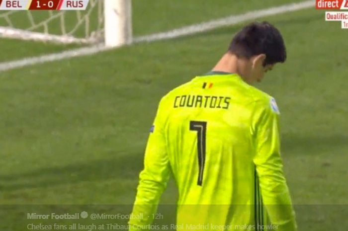 Kiper timnas Belgia, Thibaut Curtois, lesu setelah melakukan bluder dalam pertandingan melawan Rusia pada kualifikasi Piala Eropa 2020 di Stade Roi Baudouin, 21 Maret 2019.