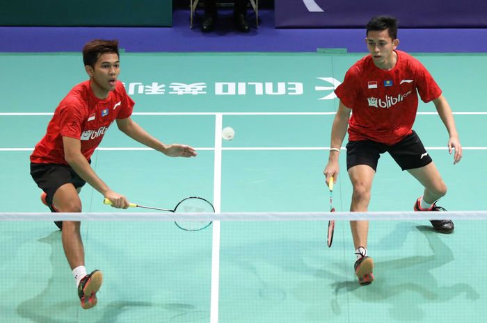 Fajar Alfian/Muhammad Rian Ardianto bertanding pada perempat final Kejuaraan Beregu Campuran Asia 2019 di Hong Kong, Jumat (22/3/2019)