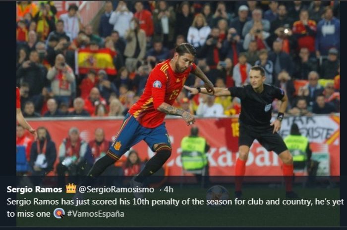 Bek timnas Spanyol, Sergio Ramos, mengeksekusi penalti ke gawang Norwegia dalam Kualfiikasi Piala Eropa 2020 di Stadion Mestalla, Sabtu (23/3/2019)