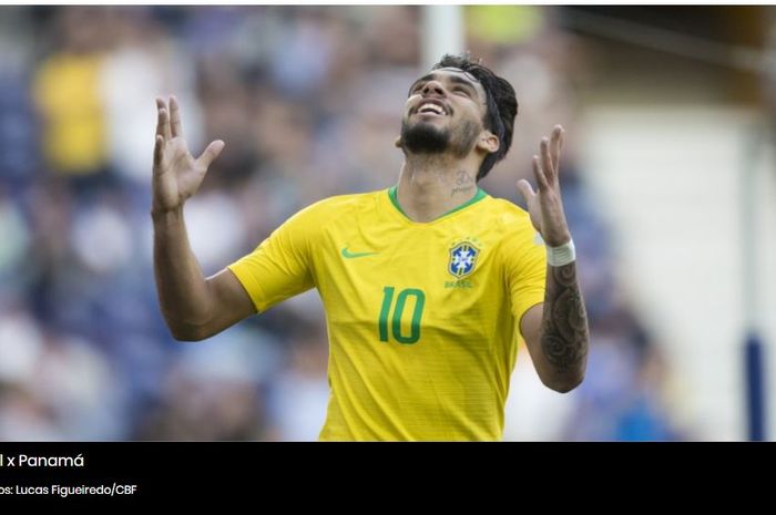 Pemain timnas Brasil, Lucas Paqueta, merayakan gol ke gawang Panama pada laga persahabatan di Estadio Do Dragao, Porto, Portugal, pada Sabtu (23/3/2019).