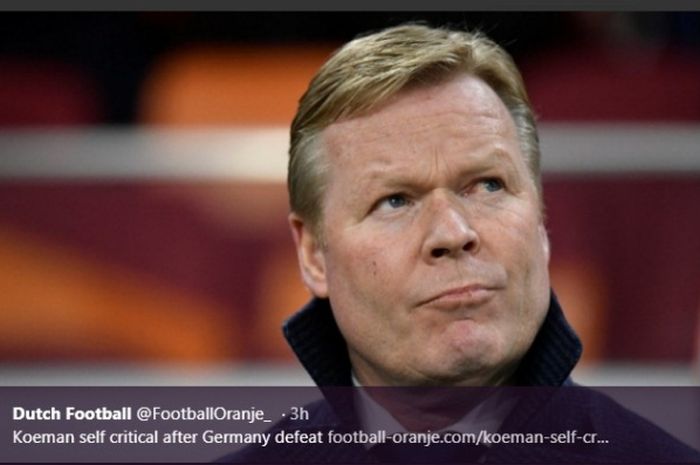 Pelatih timnas Belanda, Ronald Koeman, dalam partai melawan JErman di Johan Cruijf Arena, Minggu (24/3/2019)