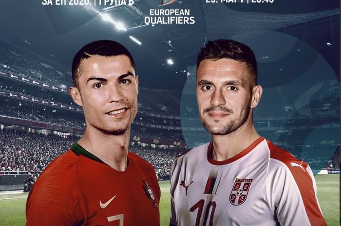 Megabintang timnas Portugal, Cristiano Ronaldo (kiri), berhadapan dengan gelandang timnas Serbia, Dusan Tadic, dalam laga Grup B Kualifikasi Piala Eropa 2020 di Estadio do Sport Lisboa e Benfica, Senin (25/3/2019).