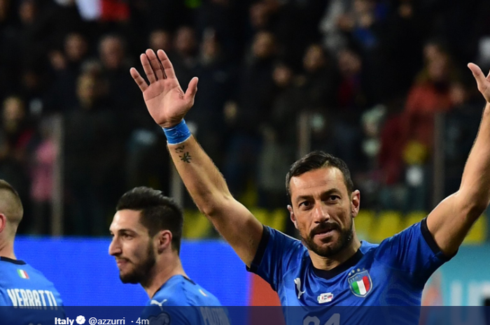 Penyerang Italia, Fabio Quagliarella, merayakan gol yang dicetaknya saat melawan Liechtenstein di Kualifikasi Piala Eropa 2020, Selasa (26/3/2019).