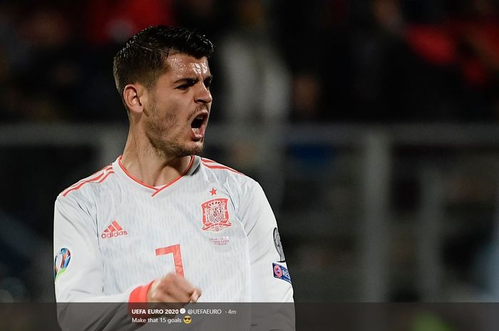 Penyerang timnas Spanyol, Alvaro Morata, merayakan gol yang dicetak ke gawang timnas Malta dalam laga Grup F Kualifikasi Piala Eropa 2020 di Stadion National, Ta'Qali, Selasa (26/3/2019).