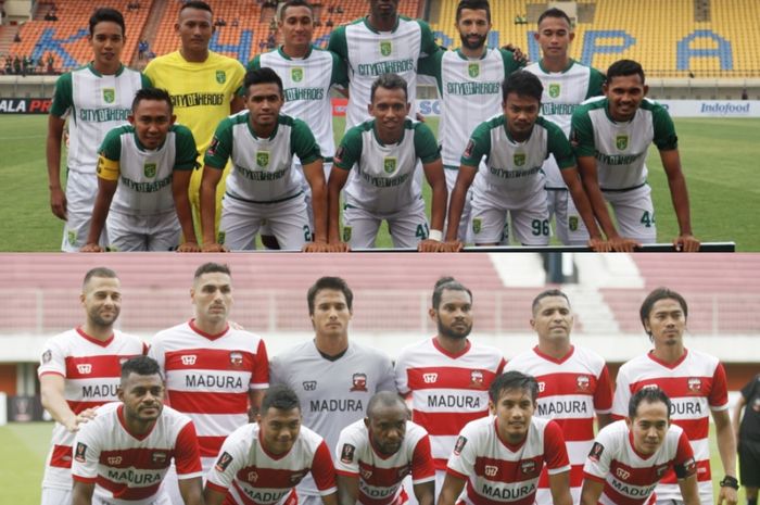 Skuat Persebaya Surabaya (atas) dan skuat Madura United (bawah) di Piala Presiden 2019.