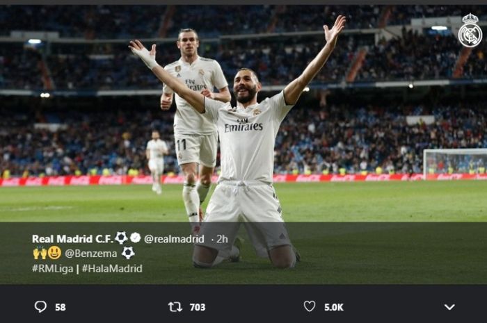 Striker Real Madrid, Karim Benzema, meayakan golnya ke gawang Huesca dalam partai Liga Spanyol di Estadio Santiago Bernabeu, Minggu (31/3/2019)