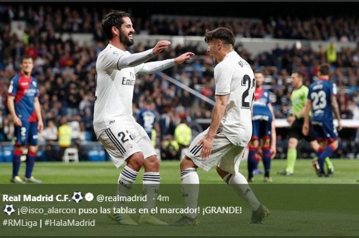 Gelandang Real Madrid, Isco, merayakan golnya ke gawang Huesca dalam partai Liga Spanyol di Estadio Santiago Bernabeu, Minggu (31/3/2019)