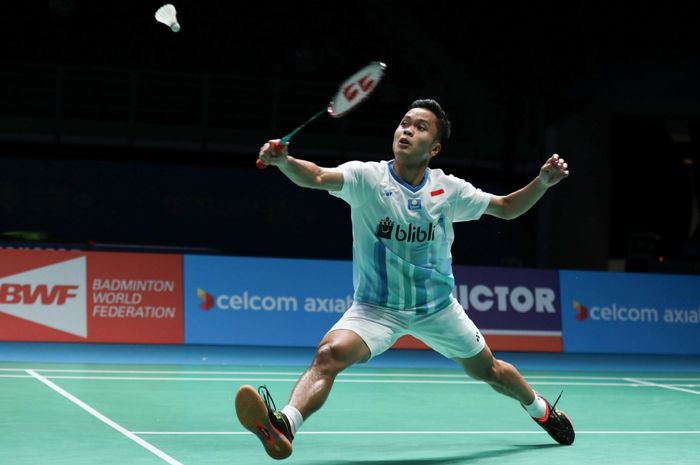 Anthony Sinisuka Ginting saat beraksi pada turnamen Malaysia Open 2019, Selasa (2/4/2019)