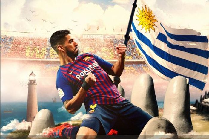 Striker Barcelona, Luis Suarez, melakukan selebrasi.