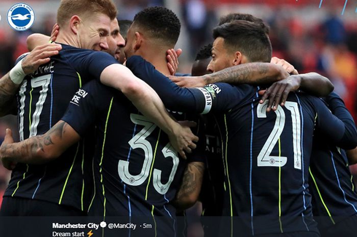 Pemain Manchester City merayakan gol Gabriel Jesus ke gawang Brighton &amp; Hove Albion pada pertandingan semifinal Piala Fa di Stadion Wembley, 6 April 2019.