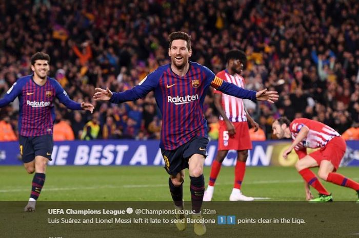 Megabintang Barcelona, Lionel Messi, merayakan gol yang dicetak ke gawang Atletico Madrid dalam laga Liga Spanyol di Stadion Camp Nou, Sabtu (6/4/2019).