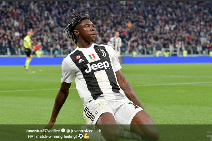 Penyerang muda Juventus, Moise Kean, merayakan gol ke gawang AC Milan pada laga pekan ke-31 Liga Italia, Sabtu (6/4/2019) di Allianz Stadium Turin.