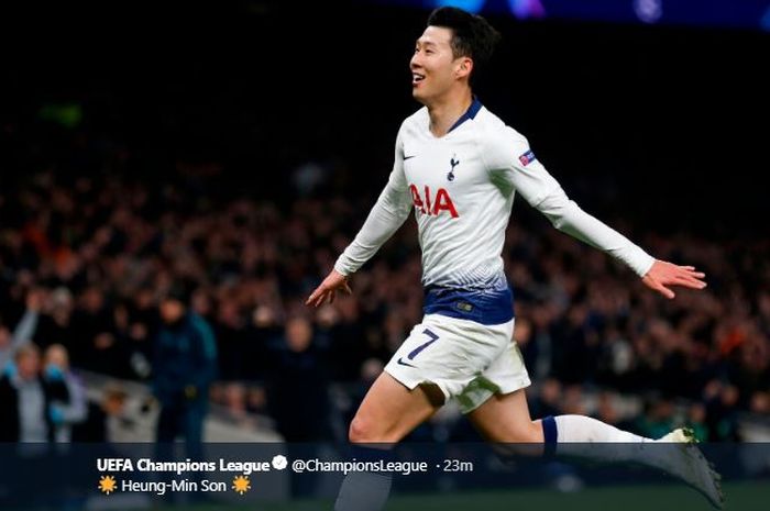 Winger Tottenham Hotspur, Son Heung-min, berselebrasi atas golnya dalam laga leg I perempat final Liga Champions kontra Manchester City di Tottenham Hotspur Stadium, 9 April 2019.