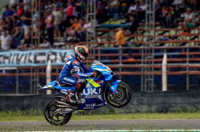 Selebrasi Alex Rins, usai tampil gemilang pada MotoGP Argentina