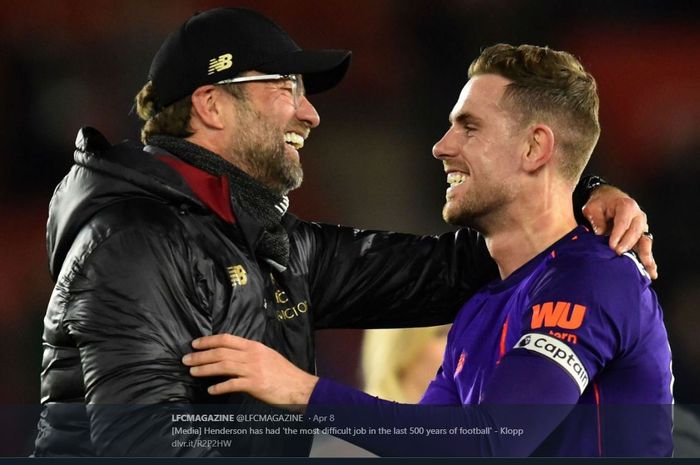 Pelatih Liverpool, Juergen Klopp, dan kapten Jordan Henderson.