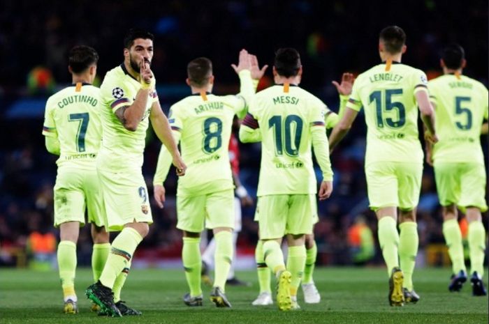 Striker Barcelona, Luis Suarez, dalam partai Liga Champions kontra Macnhester United di Old Trafford, Rabu (10/4/2019)