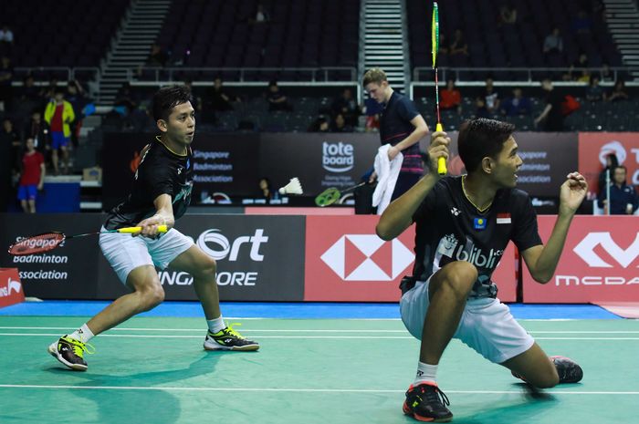 Pasangan ganda putra Indonesia, Fajar Alfian/Muhammad Rian Ardianto, berlaga pada babak 16 Besar Singapore Open 2019 di Singapore Indoor Stadium, Singapura, Kamis (11/4/2019).