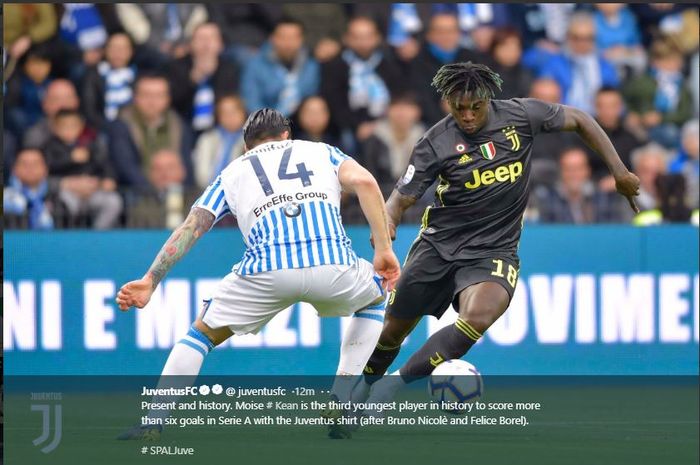 Penyerang muda Juventus, Moise Kean, mencetak satu gol ke gawang SPAL pada laga lanjutan Liga Italia, Sabtu (13/4/2019).