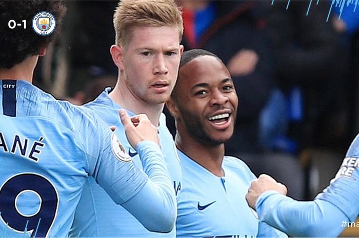 Winger Manchester City, Raheem Sterling (kanan), merayakan golnya bersama Kevin De Bruyne, dalam laga pekan ke-34 Liga Inggris kontra Crystal Palace di Selhurst Park, Minggu (14/4/2019).