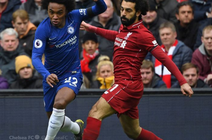 Willian (kiri) dan Mohamed Salah (kanan) berebut bola dalam pertandingan Liverpool vs Chelsea pada pekan ke-34 Liga Inggris 2018-2019 di Stadion Anfield, 14 April 2019.