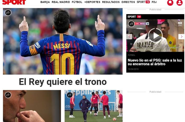 Headline situs olahraga asal Catalonia, SPORT, dengan caption Sang Raja Menginginkan Takhta.