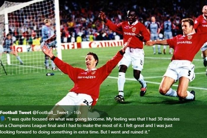 Selebrasi Ole Gunnar Solskjaer usai cetak gol ke gawang Bayern Muenchen pada Final Liga Champions edisi 1998-1999