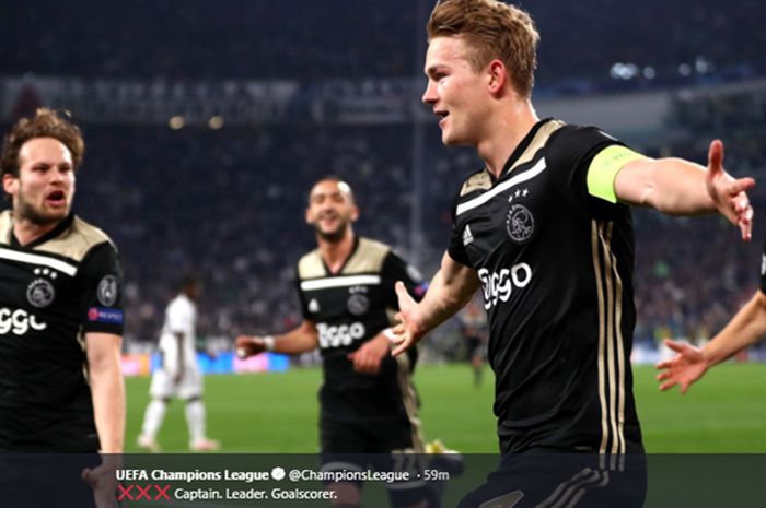 Selebrasi kapten Ajax Amsterdam, Matthijs De Ligt, saat mencetak gol kemenangan timnya ke gawang Juventus pada pertandingan leg kedua babak perempat final Liga Champions di Stadion Allianz Turin, 16 April 2019.