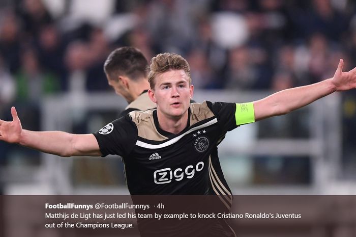 Bek muda Ajax Amsterdam, Matthijs de Ligt, merayakan gol kemenangan atas Juventus di babak perempat final Liga Champions.