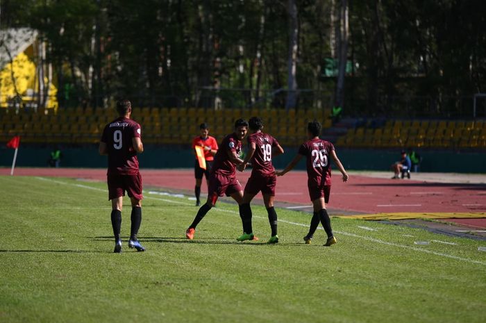 Selebrasi pemain PSM Makassar seusai mencetak gol ke gawang Kaya FC pada laga lanjutan Piala AFC 2018, 17 April 2019. 