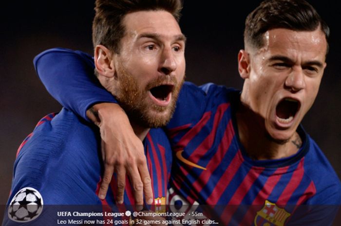 Selebrasi Lionel Messi dan Philippe Coutinho saat pertandingan Barcelona vs Manchester United pada leg kedua babak perempat final Liga Champions, 16 April 2019.