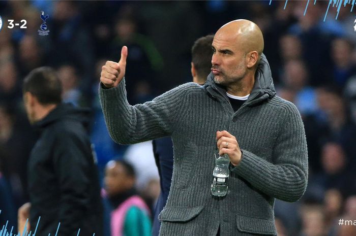 Ekspresi pelatih Manchester City, Pep Guardiola, dalam laga leg kedua perempat final Liga Champions melawan Tottenham Hotspur di Stadion Etihad, Rabu (17/4/2019).