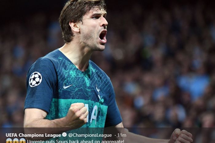 Selebrasi striker Tottenham Hotspur, Fernando Llorente, setelah mencetak gol ke gawang Manchester City dalam pertandingan leg kedua babak perempat final Liga Champions di Stadion Etihad, 17 April 2019.