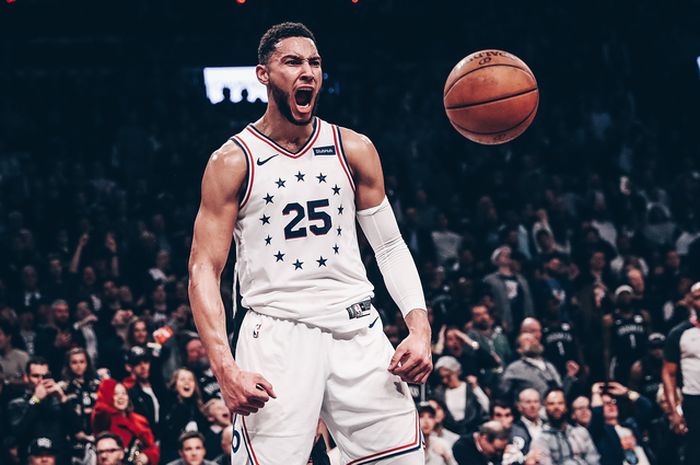 Ben Simmons (Philadelphia 76ers) tampil dominan saat berlaga melawan Brooklyn Nets pada gim ketiga babak pertama playoff NBA 2019, di Barclays Arena, Kamis (18/4/2019).