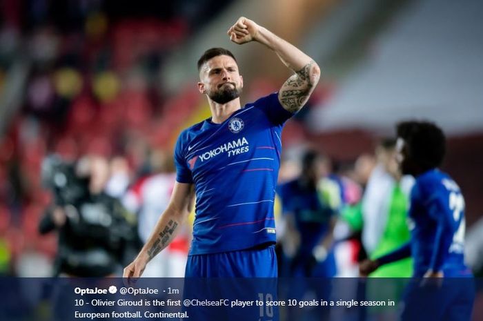 Bomber Chelsea, Olivier Giroud, mencetak gol ke gawang Slavia Prague dalam partai Liga Europa, 18 April 2019.