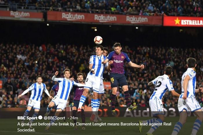 Clement Lenglet mencetak gol Barcelona ke gawang Real Sociedad, 20 April 2019.