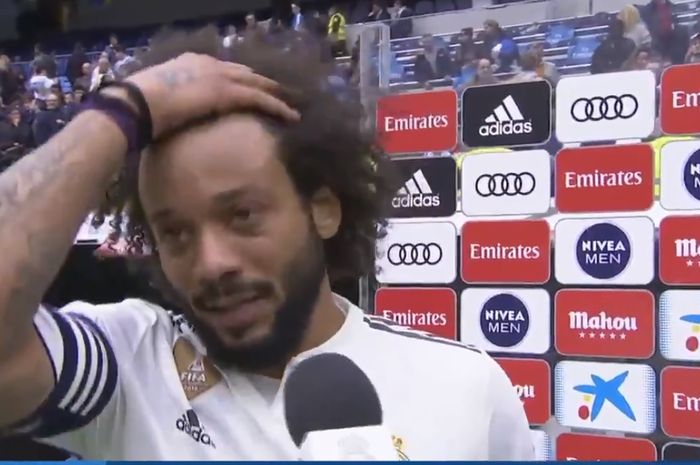 Bek kiri Real Madrid, Marcelo Vieira, dalam sesi konferensi pers seusai laga pekan ke-33 Liga Spanyol kontra Athletic Bilbao di Stadion Santiago Bernabeu, 21 April 2019.