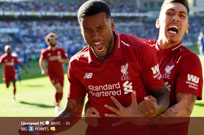 Georginio Wijnaldum merayakan golnya untuk Liverpool ke gawang Cardiff City, 21 April 2019.