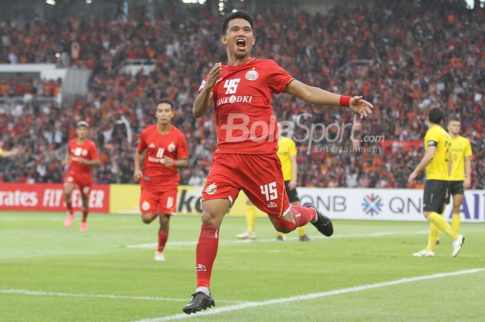 Pemain Persija Jakarta, Sandy Sute merayakan gol kegawang Ceres Negros FC pada laga penyisihan Grup G AFC CUP di Stadion Utama Gelora Bung Karno, Senayan, Jakarta,  Selasa (23/4/2019) dalam laga tersebut persija harus mengakui kekalahannya melawan Ceres dengan skor 2-3. Warta Kota/Feri Setiawan