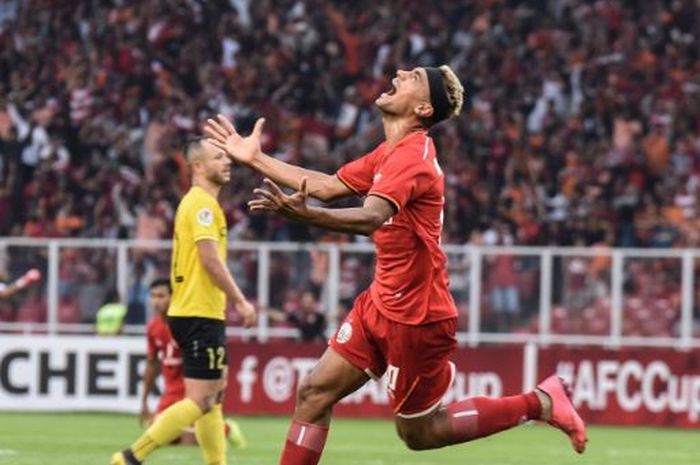 Ekspresi penyerang Persija, Bruno Matos, setelah mencetak gol ke gawang Ceres Negros pada lanjutan Piala AFC 2019 di Stadion Utama Gelora Bung Karno, Selasa (23/4/2019).