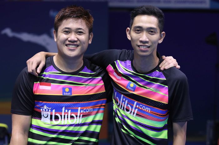 Wahyu Nayaka Arya Pangkaryanira/Ade Yusuf Santoso di Wuhan Sports Center Gymnasium, Wuhan, China, Senin (22/4/2019).