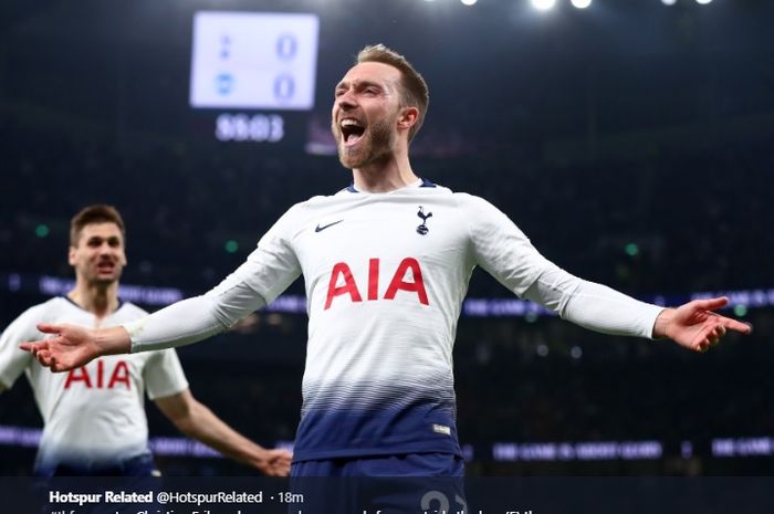 Christian Eriksen merayakan gol ke gawang Brighton &amp; Hove di Tottenham Hotspur Stadium