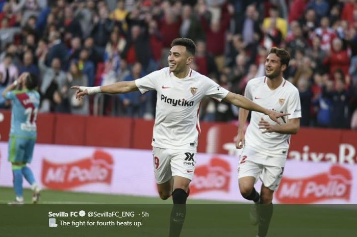 Striker Sevilla, Munir El Haddadi, merayakan gol yang dicetak ke gawang Rayo Vallecano dalam laga Liga Spanyol di Stadion Ramon Sanchez Pizjuan, Kamis (25/4/2019).