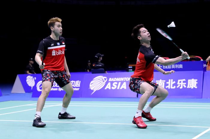 Duet ganda putra, Marcus Fernaldi Gideon/Kevin Sanjaya Sukamuljo, ketika bertanding di perempat final Kejuaraan Asia 2019.