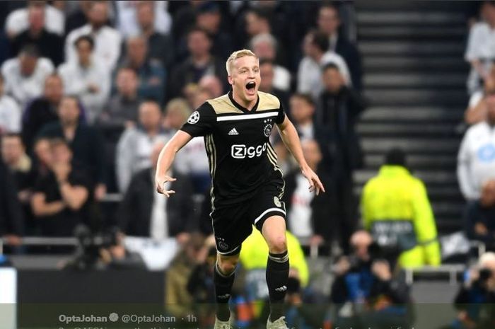 Gelandang Ajax Amsterdam, Donny van de Beek merayakan gol yang dicetaknya ke gawang Tottenham Hotspur dalam partai leg pertama babak semifinal Liga Champions 2018-2019 di Tottenham Hotspur Stadium, 30 April 2019.