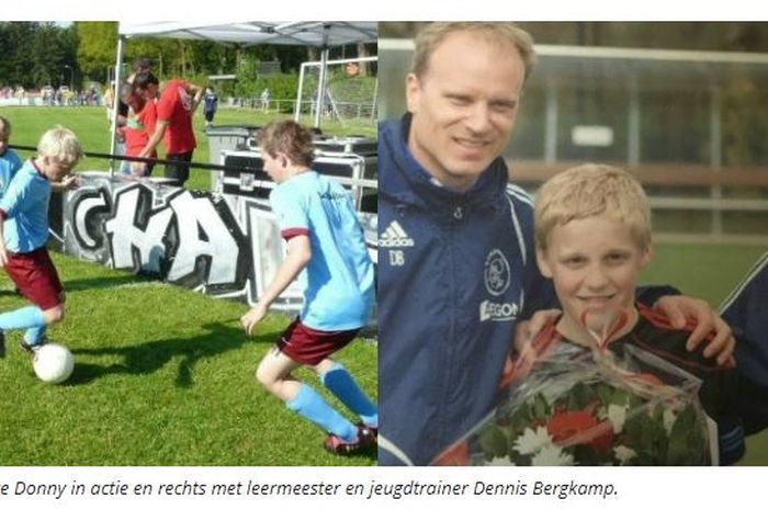 Donny van de Beek saat bertanding untuk tim junior Ajax Amsterdam (kiri) dan berpose bersama Dennis Bergkamp (kanan). 