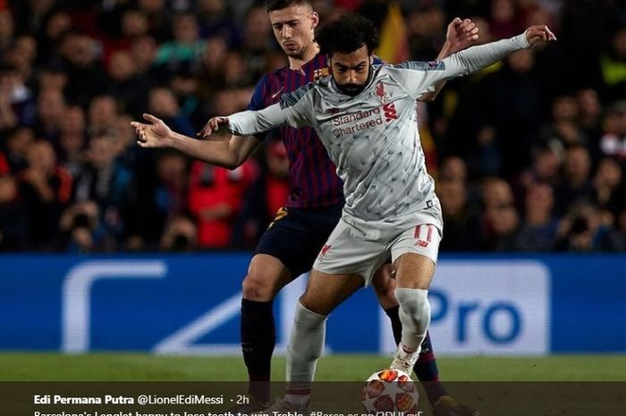 Clement Lenglet menempel ketat Mohamed Salah saat Barcelona menjamu Liverpool di Camp Nou, Rabu (1/5/2019)